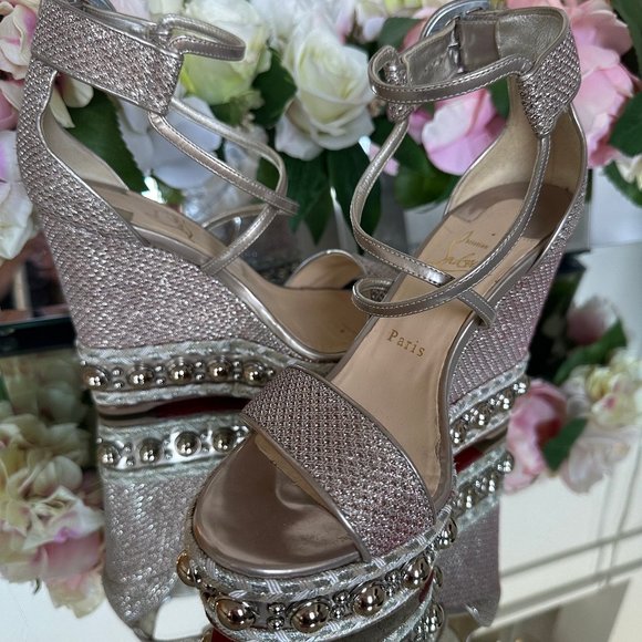 CHRISTIAN LOUBOUTIN METALLIC MESH SILVER/GOLD CHOCAZEPPA 120 WEDGE - Picture 1 of 10